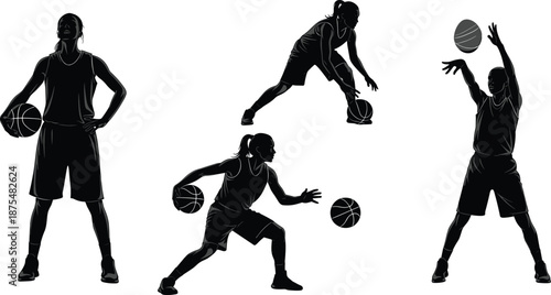 Silhouettes of basketball player in four poses, holding, dribbling, shooting motion, black and white graphic, transparent background, sports action illustration