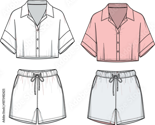 Women pajama set cad drawing, flat vector illustration of short sleeve shirt and shorts, sleepwear outfit technical sketch, fashion design template, loungewear apparel