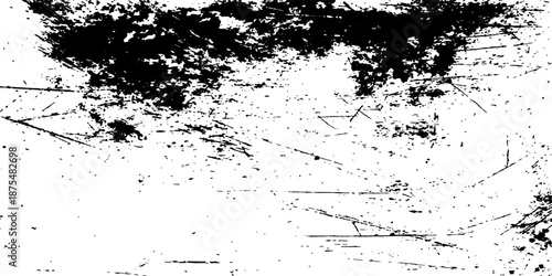 Abstract grunge background with black ink splat texture featuring a vintage floral spray and dirty paint splatter design on a vector paper border