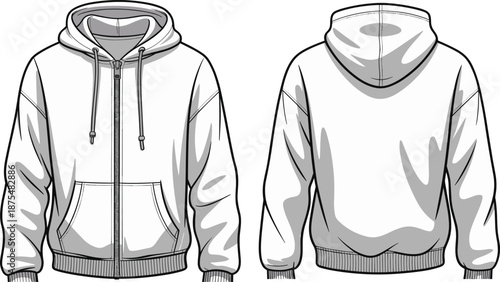 Zip up hoodie cad drawing, flat vector illustration with front and back view, technical fashion sketch, casual sweatshirt apparel design template