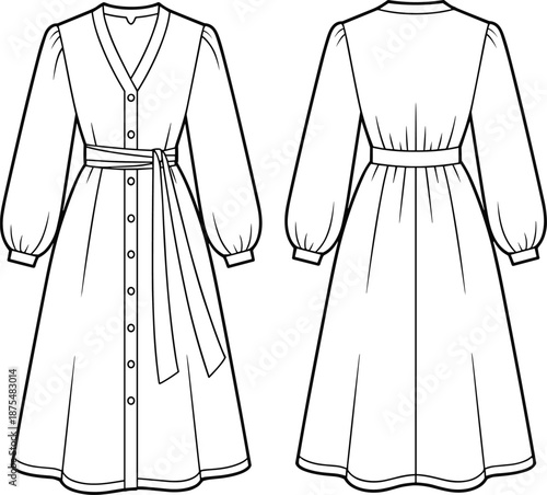 Vector technical sketch of a long sleeve midi dress with front and back views for fashion design development purposes,