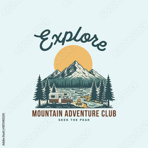 Vintage outdoor adventure emblem design showcasing majestic mountains, a flowing river, dense pine trees, and a camper van under a radiant sun, ideal for nature explorers and travel enthusiasts