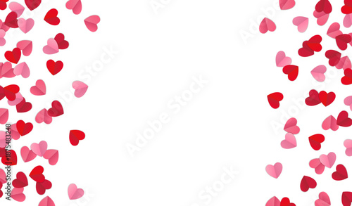 Vector decorative border with folded paper hearts in red and pink with space in the middle isolated on white background	
