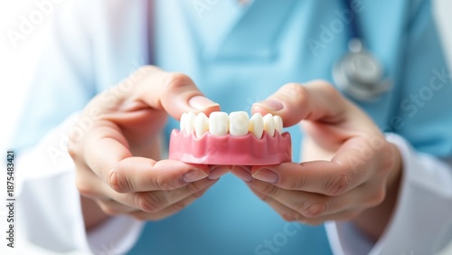 Dentist holding dental model, teeth care concept, dental health professional, medical marketing imagery, healthcare advertising visual, dentist office decor