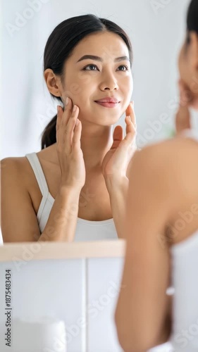 Attractive young Asian woman examining complexion in mirror with hands on cheek in bathroom looking for imperfections, blemishes, wrinkles, for skincare routine