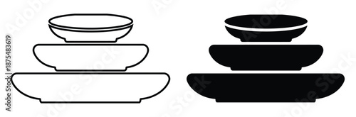 Stacked bowls in black and white for design and culinary use,food and meal icon set. salad bowl, noodle bowl, pancake stack, pasta, rice bowl and soup bowl icons