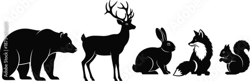 Silhouettes of six woodland animals in profile, bear, deer, rabbit, fox, squirrel, black and white graphic, transparent background, forest wildlife illustration