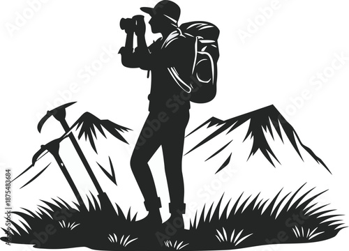 Black and white silhouette illustration of a hiker wearing a backpack and cap, standing on grassy elevated terrain and taking a photograph, with a mountain range.