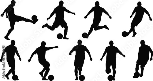Silhouettes of soccer player in nine dynamic poses, kicking, dribbling, running, black and white graphic, transparent background, athletic motion illustration