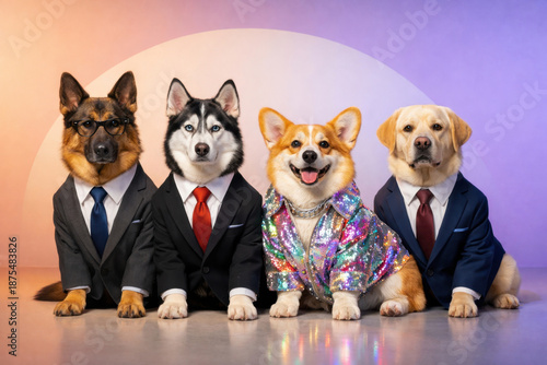 Funny Dogs in Business Suits with Disco Corgi, Corporate Team Concept