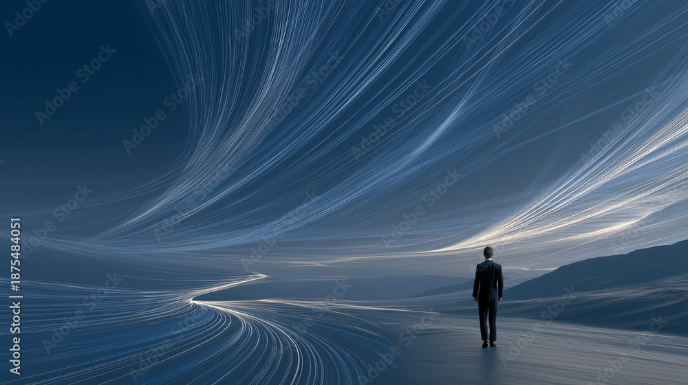 Obraz premium Navigating the Horizon: A solitary figure, silhouetted against a breathtaking display of celestial light and motion. Facing the open road toward an uncertain yet promising future. 
