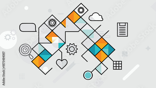 Unified infographic system with interconnected blocks and icons representing data flow and process optimization