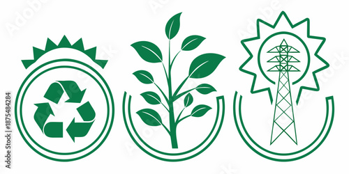 Green energy and sustainability icons display recycling, plant growth, and electrical transmission symbols together.