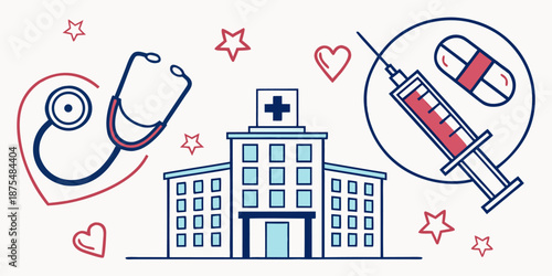 A medical illustration depicts a hospital building surrounded by stylized icons representing healthcare, including a stethoscope, syringe, and pills.