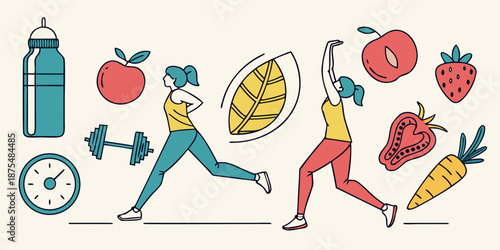 Two women exercise alongside icons representing hydration, nutrition, and fitness tracking in a colorful, stylized graphic.