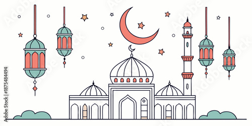 Colorized mosque illustration features hanging lanterns, a crescent moon, and soft clouds symbolizing a festive religious occasion.
