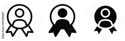 Award icon. Solid glyph series icon,Three black and white award ribbon icons with people,Blue award ribbon seal of excellence icon illustration element,