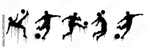 Set of grunge soccer and football graffiti icons with spray paint drips and distressed textures