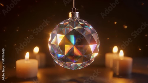 Sparkling Crystal Christmas Ornament Illuminated by Warm Candlelight.
