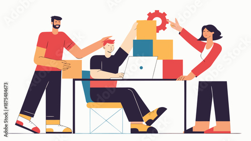 Colleagues collaborating on project assembling puzzle pieces together at office desk with laptop and colorful boxes