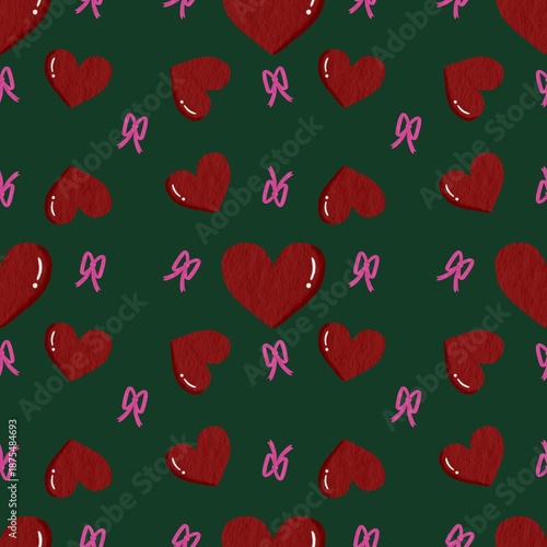 Seamless pattern with hand-drawn red hearts and pink ribbons. Valentine's Day 