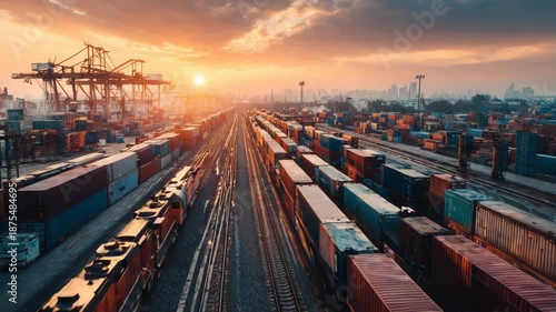 A busy railway track with containers during sunset, perfect for logistics and shipping projects.
