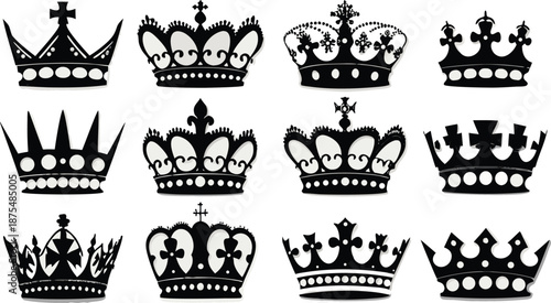  Black silhouette illustration of fifteen distinct crown designs, unique ornamental elements.