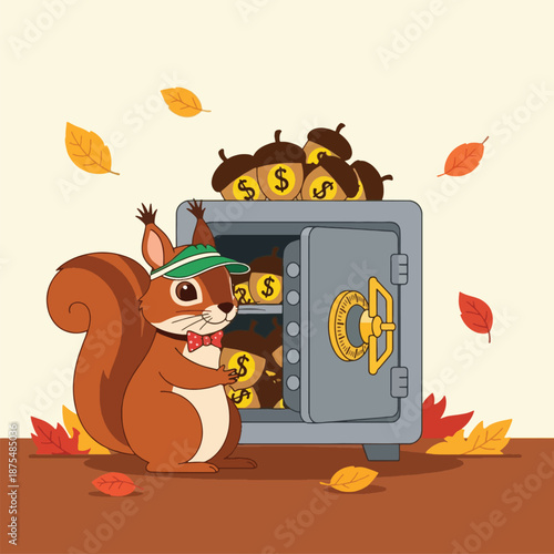 Squirrel wearing green hat saving money.