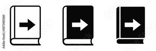 Black and white book icons with arrows pointing right,Book icon set, Various Books Vector Line Drawing Icon Set, Open book, closed book icon vector illustration, e-book, back to school, library sign,