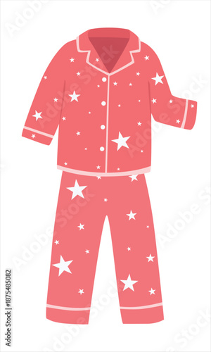 Kids pajamas vector set in flat cartoon style. Red pajama set with star pattern including shirt and pants. Cute bedtime and nightwear illustration isolated on white background. Sleep element