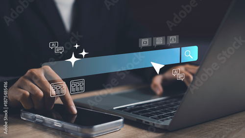 Using smartphone and laptop with AI-enhanced search bar and SEO icons, representing smart search engine technology, website optimization, and digital visibility strategy.