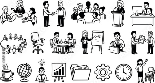 Line art office icons showing people in meetings handshake presentations desk work coffee globe clock teamwork collaboration scenes vector flat