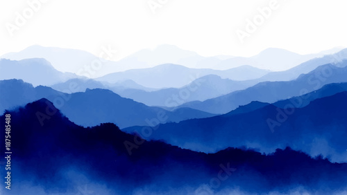 Serene blue watercolor mountain landscape, evoking a sense of peacefulness and natural beauty with misty peaks