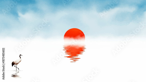 Sunrise over tranquil water with a majestic crane, a beautiful watercolor scene