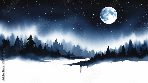 Enchanting Watercolor Night Landscape Painting with a Full Moon over a Misty Forest and Snowy River