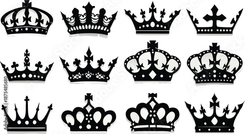  Black silhouette illustration of fifteen distinct crown designs, unique ornamental elements.