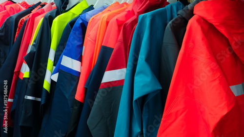 Multi-colored industrial protective clothing for work in extreme, harmful, aggressive conditions hangs on hangers on a stand.