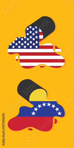 America flag and Venezuela flag petroleum background. Crude oil reserves. United States of America