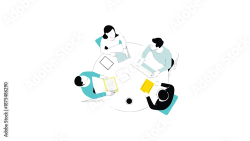 Colleagues collaborating in modern office setting with casual attire and digital devices