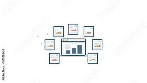 Floating infographic elements surrounding a central computer screen displaying various charts and graphs in a flat illustration style