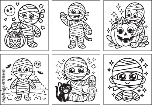 Halloween cute mummy characters with ornate decorated coloring page bundle for kids, black line art vector element set