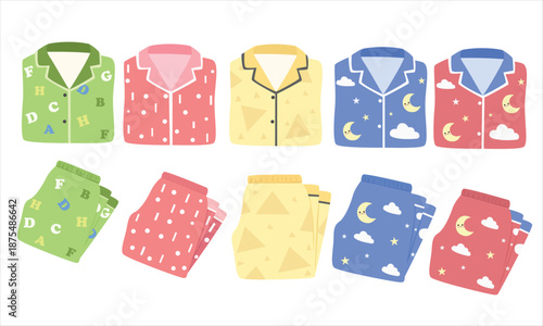 Kid pajamas vector clipart set in flat cartoon style. Cute collection of folded pajama shirts and pants with alphabet, polka dot, geometric, and moon star patterns. Cozy bedtime clothing illustrations