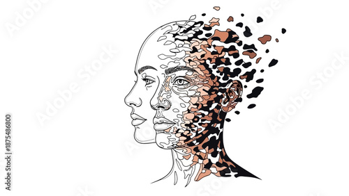 Split face with colorful particles.