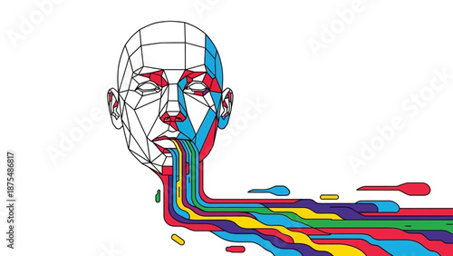 Wireframe face with colorful neural network.