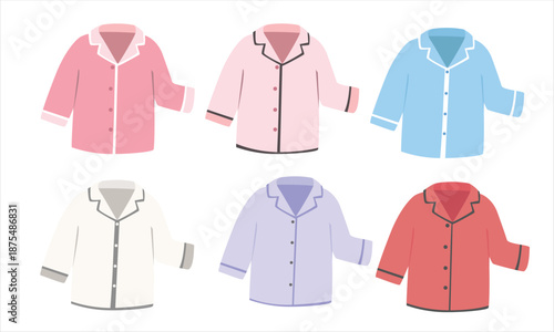 Pajamas vector set in flat cartoon style. Clipart set of pajama shirt in soft pastel colors including pink, blue, and beige. Sleepwear and bedtime clothing illustration clipart isolated. Sleep element