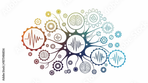 Colorful gear and sound wave icons.