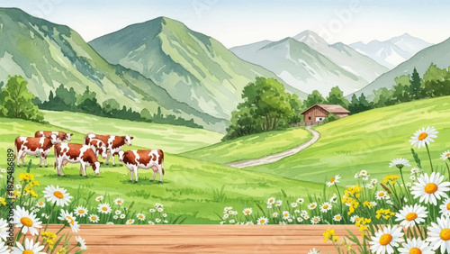 Serene Watercolor Landscape Painting of a Pastoral Scene with Grazing Cows and Rolling Green Hills