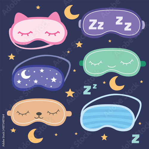 Sleeping mask vector clipart set in flat cartoon style. Cute collection of eye masks with animal faces, night themes, stars, moon, and sleep symbols. Cozy bedtime and night routine elements isolated