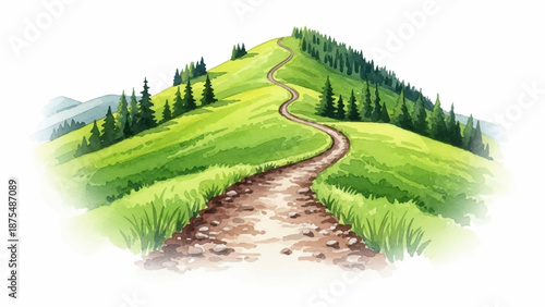 A winding dirt path ascends a lush green grassy hill with pine trees in a beautiful watercolor landscape