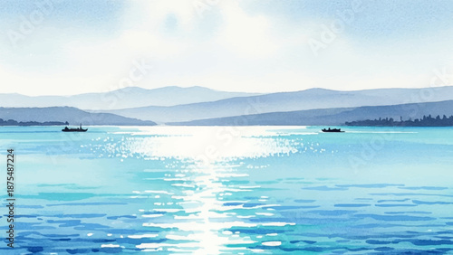 Serene watercolor seascape with distant boats on a calm lake under a bright sunlit sky